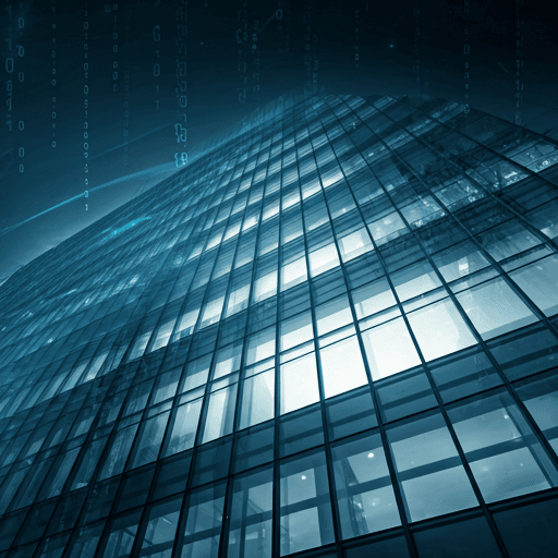 Cinematic skyscraper with digital patterns
